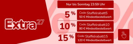 Stacked Discount : 5 % ab 50 € MBW, 10 % ab 80 € MBW, 15 % ab 120 € Weitere Bedingungen unter Fußnote 27