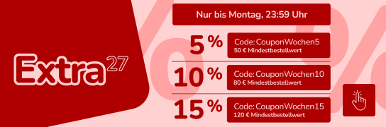 Stacked Discount : 5 % ab 50 € MBW, 10 % ab 80 € MBW, 15 % ab 120 € Weitere Bedingungen unter Fußnote 27