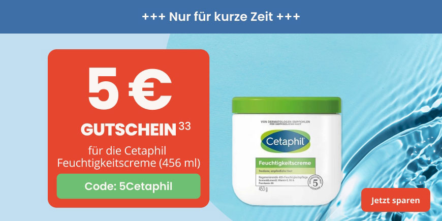 5 € extra sparen bei Cetaphil Feuchtigkeitscreme (PZN 01874014), mit dem Code: 5Cetaphil - Nicht anwendbar auf rezeptpflichtige Artikel, Bücher, Säuglingsanfangsnahrung und Versandkosten. Weitere Bedingungen siehe Fußnote 33