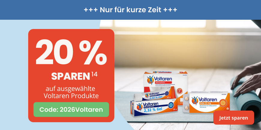 20 % Extra-Rabatt auf ausgewählte Voltaren-Produkte mit dem Code: 2026Voltaren - Nicht anwendbar auf rezeptpflichtige Artikel, Bücher, Säuglingsanfangsnahrung und Versandkosten. Weitere Bedingungen siehe Fußnote 14
